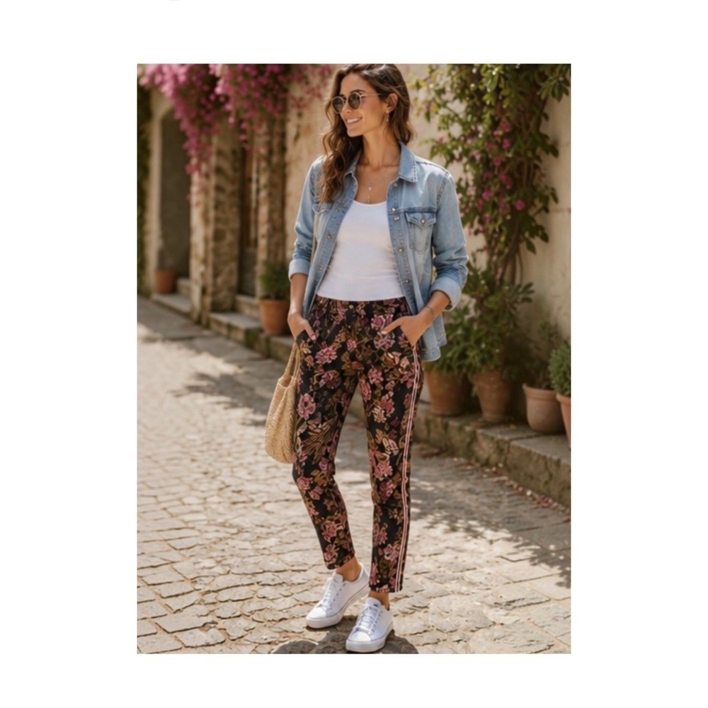 Anthropologie Size 26 Chino Relaxed Pants Black Floral Print Side Stripe Crop